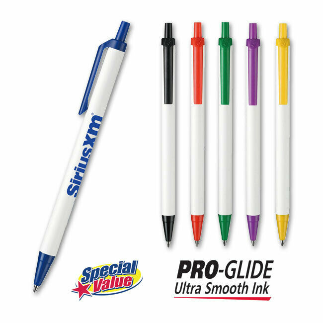 Pro-glide Value Pens, White - 500 Quantity - Custom Printed With Your Logo