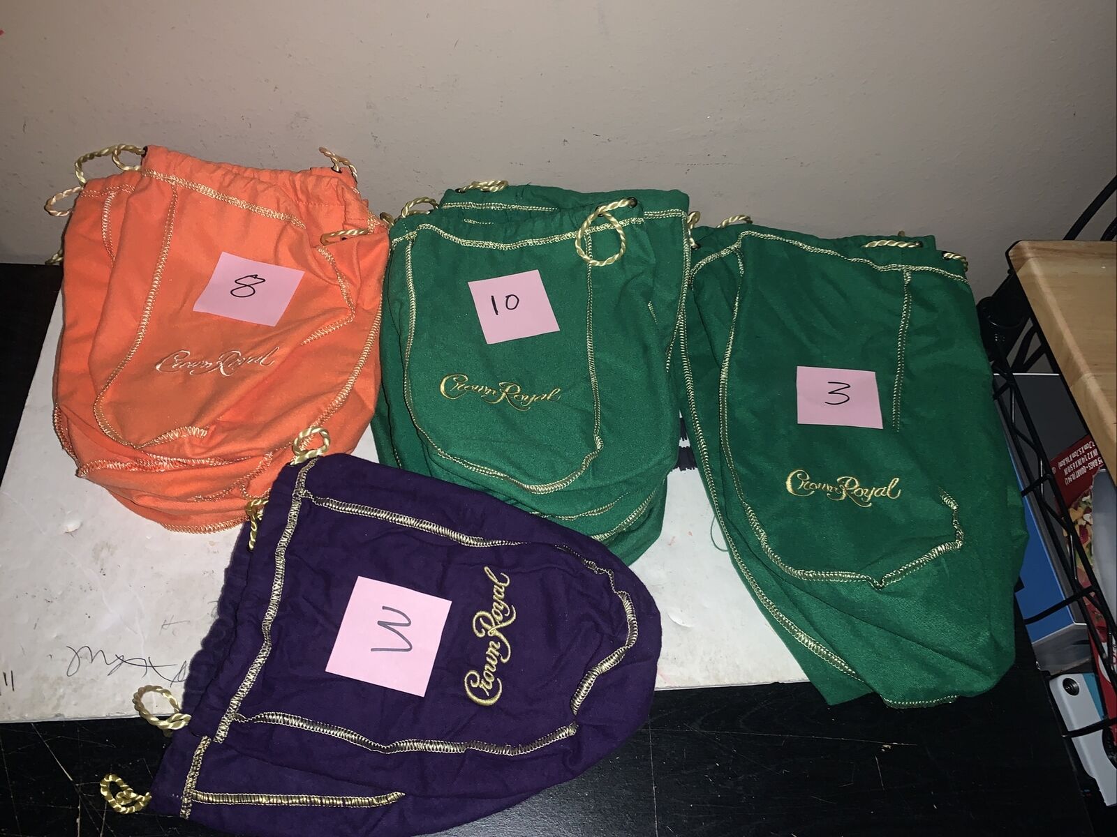 Lot Of 24 Crown Royal  Bags Purple, Green, & Orange