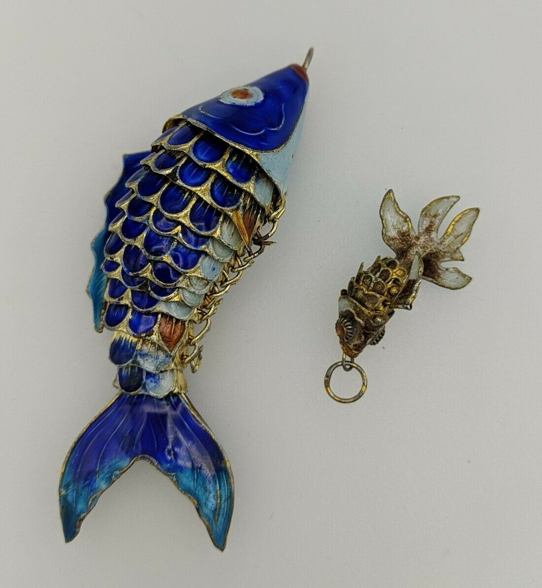 Large Vtg 3" Chinese Cloisonne Articulated Blue Enamel Koi Fish Lot 1" Small